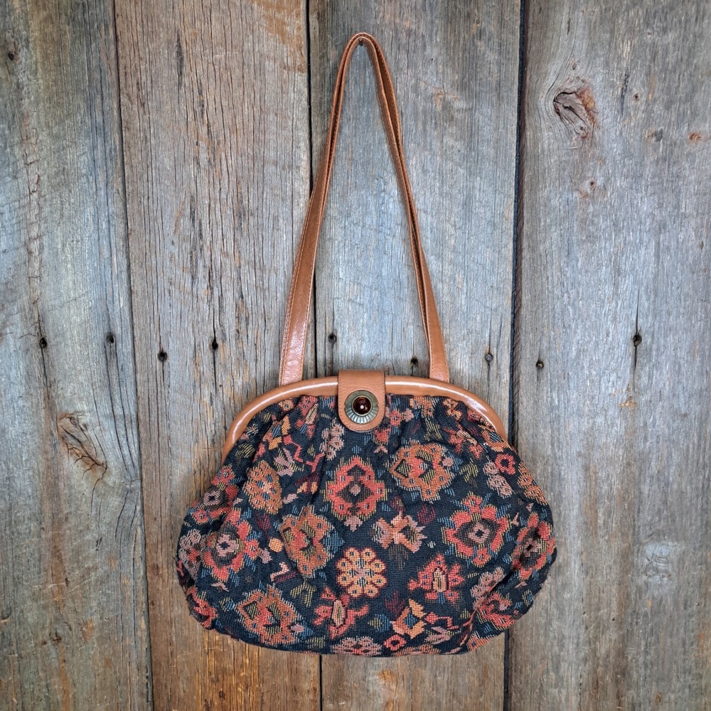 Vintage 1980s Tapestry Whimsigoth Grandmacore Italian Leather Carpet Bag Woven